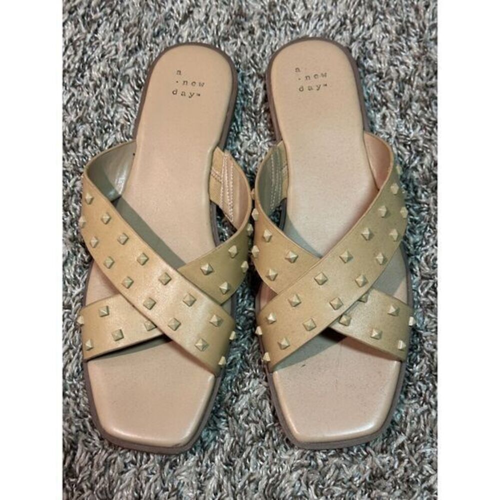 A New Day Studded Slide Sandals Beige Crossover‎ Straps Summer Shoes